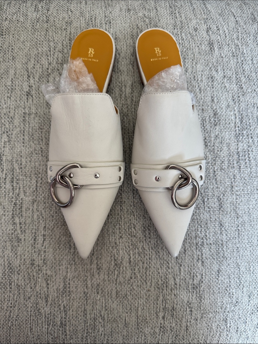 R13 White Leather Pointed Toe Slides Size 37